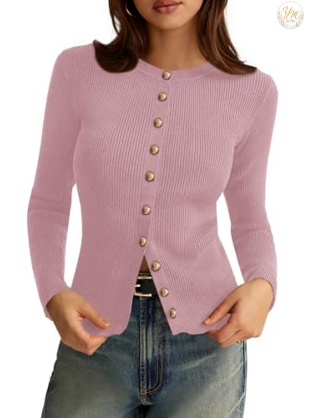 Women's Lightweight Ribbed Knit Cardigan Crewneck Button Down